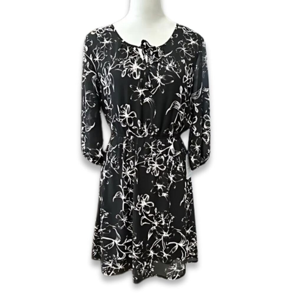 Esmara Floral Blouson Midi Dress Scoop Neckline Long Sleeve Lined Black W M NWT